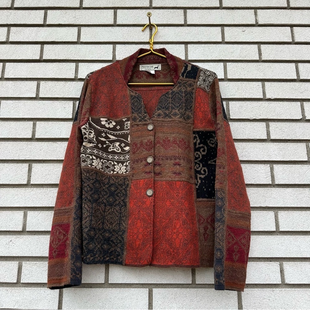 Peruvian Link Alpaca Patchwork Jacket Boho Artisan Knit Cardigan L Cottagecore